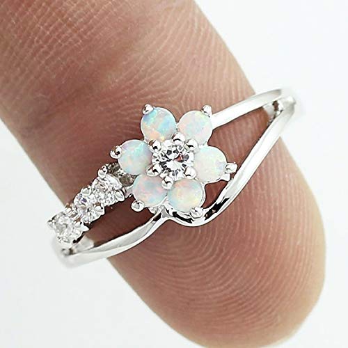 Product Cover LARDROK Exquisite Round Cut White Fire Opal Stone Flower Women Opal Rings Diamond Jewelry Birthday Proposal Gift Bridal Engagement Party Band Rings Size 6-10
