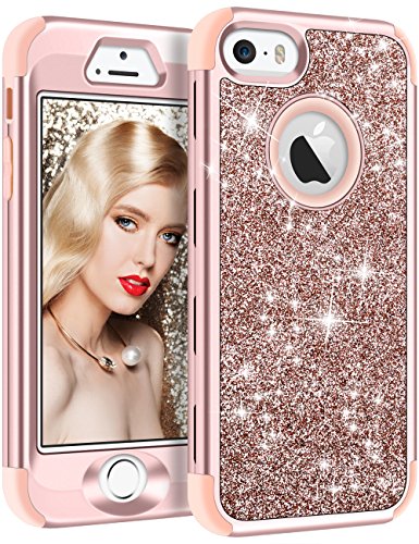 Product Cover Vofolen Case for iPhone SE Case iPhone 5S Case Glitter Bling Shiny Heavy Duty Protection Full-Body Protective Cover Hard Shell Hybrid Silicone Rubber Armor + Front Bumper for iPhone 5 5S SE Rose Gold