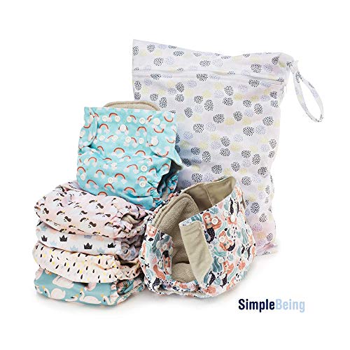 Product Cover Simple Being Reusable Cloth Diapers, Double Gusset, One Size Adjustable, Washable Soft Absorbent, Waterproof Cover, Eco-Friendly Unisex Baby Girl Boy, with six 4-Layers Microfiber Inserts (Whimsical)