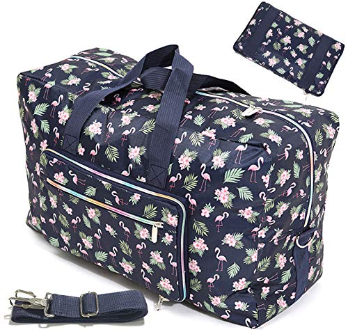 Product Cover Large Foldable Travel Duffel Bag 50L Oversized Floral Travel Tote Hospital Bag Handbag Shoulder Weekender Overnight Carry On Bag Checked Luggage Bag For Women Men Girls Kids,Waterproof (flamingo)