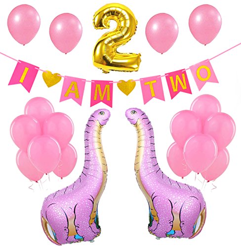 Product Cover Baby Girl 2nd Second Birthday Decoration- I AM TWO gold and pink banner,Dinosaur Foil Balloons,Latex balloons,Supplies and Favors for 2 Year Old Birthday Bday Decor