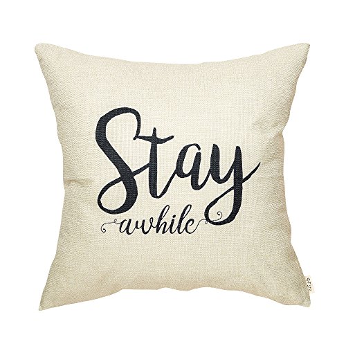 Product Cover Fjfz Rustic Stay Awhile Farmhouse Decoration Retro Country Style Motivational Gift Décor Cotton Linen Home Decorative Throw Pillow Case Cushion Cover with Words for Sofa Couch, 18