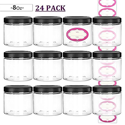 Product Cover DilaBee 24-Pack 8 Ounce Empty Large Elegant Refillable Clear Plastic Jars with Lids and labels, Round Containers For Slime, Beauty Products, Cream, Scrubs, Bath Salt, Face Makeup, Cosmetic and Lotion