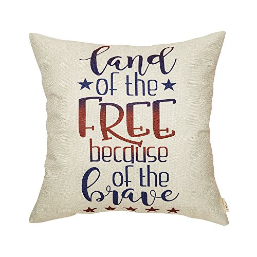 Product Cover Fjfz 4th of July Land of The Free Because of The Brave Patriotic Quote Decor Tutorial Sign Decoration Cotton Linen Home Decorative Throw Pillow Case Cushion Cover with Words for Sofa Couch, 18