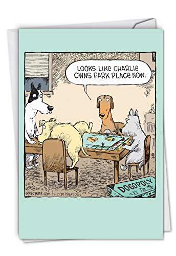 Product Cover Dogopoly - Hilarious Happy Birthday Greeting Card with Envelope (4.63 x 6.75 Inch) - Funny Animated Dog Games, Bday Congrats Note Card - Animal Lovers Cartoon Stationery Notecard C3986BDG