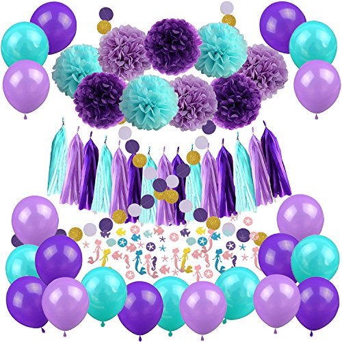 Product Cover Mermaid Party Decorations, Cocodeko 57 Pcs Pom Poms Paper Tassel Polka Dot Garland Mermaid Confetti Balloons for Mermaid Birthday Baby Shower Frozen Under the Sea Party Supplies - Teal Lavender Purple