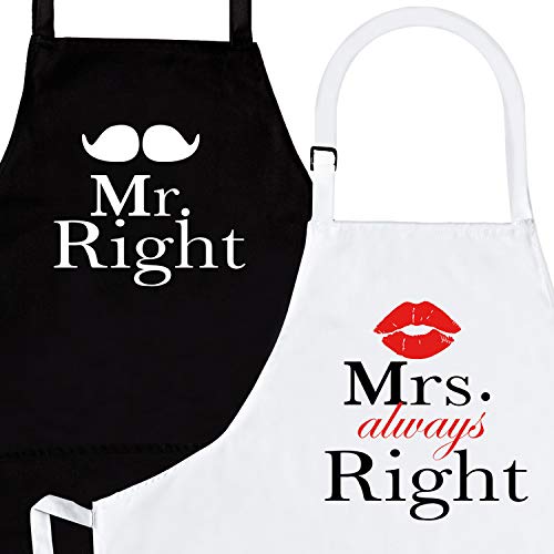 Product Cover Mr. Right and Mrs. Always Right 2-Piece Kitchen Apron Set - Matching Engagement Wedding Anniversary Bridal Shower Gift For Bride
