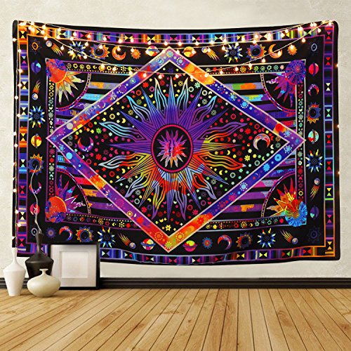 Product Cover BLEUM CADE Tie Dye Purple Burning Sun Tapestry Psychedelic Celestial Sun Moon Planet Bohemian Tapestry Wall Hanging Mandala Boho Hippie Tapestry