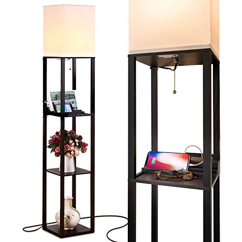 Product Cover Brightech Maxwell Charging Edition - LED Shelf Floor Lamp for Living Rooms & Bedrooms - Includes USB Ports & Electric Outlet - Modern Standing Light - Asian Display Shelves - Black