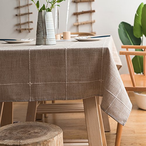 Product Cover ColorBird Solid Embroidery Lattice Tablecloth Cotton Linen Dust-Proof Checkered Table Cover for Kitchen Dinning Tabletop Decoration (Rectangle/Oblong, 52 x 86 Inch, Linen)