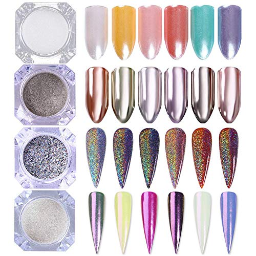 Product Cover Bundle 2: Born Pretty 4 Boxes Nail Art Powder Mirror Holographic Laser Rainbow Neon Pearl Mermaid Pigment Manicure Glitter Dust