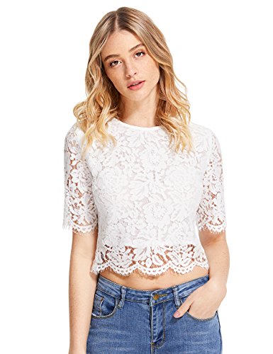Product Cover MakeMeChic Women's Short Sleeve Sexy Sheer Blouse Mesh Lace Crop Top