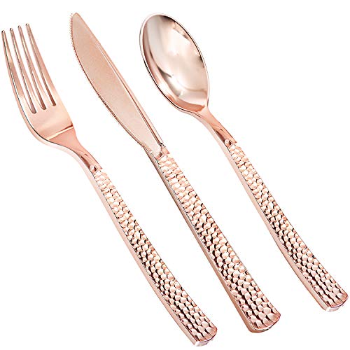 Product Cover 180pcs Rose Gold Silverware, Disposable Party Flatware, Rose Gold Plastic Cutlery, 60 Rose Gold Plastic Forks, 60 Rose Gold Plastic Knives, 60 Rose Gold Plastic Spoons, Enjoylife (Rose Gold)