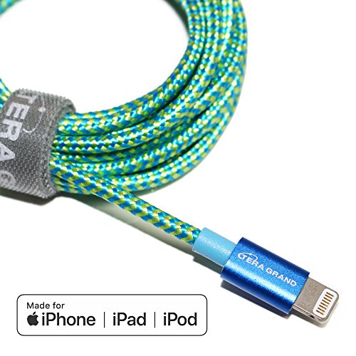 Product Cover Tera Grand - Apple MFi Certified - Lightning to USB Braided Cable with Aluminum Housing, 7 Feet iPhone 11 Pro Max 11 Pro 11 XS XS Max XR 8 8 Plus 7 7 Plus iPad Pro Air Mini iPod (Blue & Green)