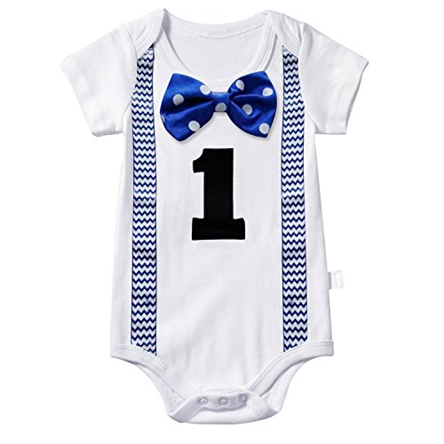 Product Cover NNJXD Baby Boys' Funny First Birthday Bow Tie Infant Romper Bodysuit Size (1 Years) Point Blue