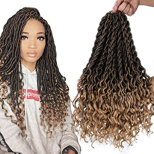 Product Cover 6Packs/Lot Wavy Faux Locs Braids 20Inch Ombre Faux Locs Crochet Hair with Curly Ends Goddess Crochet Synthetic Braiding Extensions(T1B-27#)