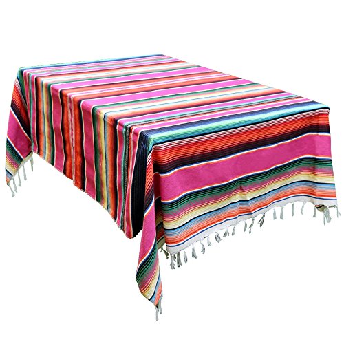 Product Cover OurWarm 59 x 84 Inch Mexican Blanket Striped Tablecloth for Mexican Party Decorations, Large Square Cotton Mexican Serape Blanket Outdoor Table Cover Table Cloth