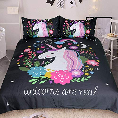 Product Cover Sleepwish Unicorn Bedding Sets 3 Piece Flower Bedding Set Cartoon Unicorn Pink Black Bedspread for Girls Teens Adults Cute Duvet Covers (King)