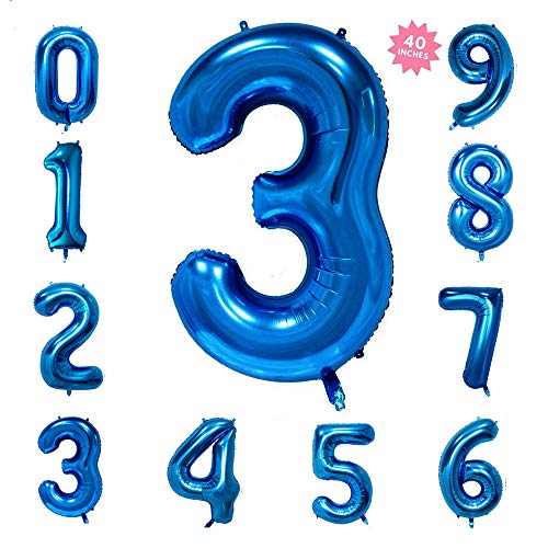 Product Cover 40 Inch Blue Jumbo Digital Number Balloons 3 Huge Giant Balloons Foil Mylar Balloons for Birthday Party,Wedding, Bridal Shower Engagement Photo Shoot, Anniversary
