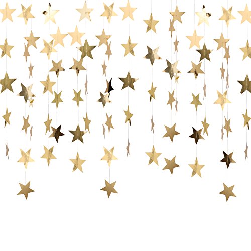 Product Cover Whaline 52 Feet Reflective Star Paper Garland Sparkling Star Bunting Banner for Christmas Deccoration Wedding Birthday Party Holiday Decorations, 2.75 Inches (Gold)