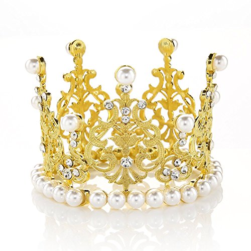 Product Cover JANOU Crown Tiara Cake Topper Crystal Pearl Children Hair Ornaments for Wedding Birthday Party Cake Decoration (Gold)