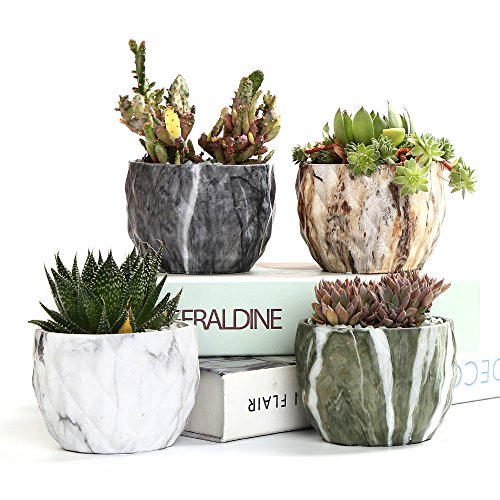 Product Cover Sun-E Modern Style Marbling Ceramic Flower Pot Succulent/Cactus Planter Pots Container Bonsai Planters with Hole 3.35 Inch Perfect Gift Idea(4 in Set)