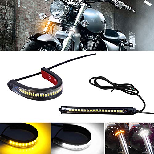 Product Cover GTinthebox 2PC Flexible Switchback Dual-Color White & Amber LED Fork Turn Signal DRL Daytime Running Light Waterproof Adjustable Stips Bars kit Universal Fit Motorcycle Bike