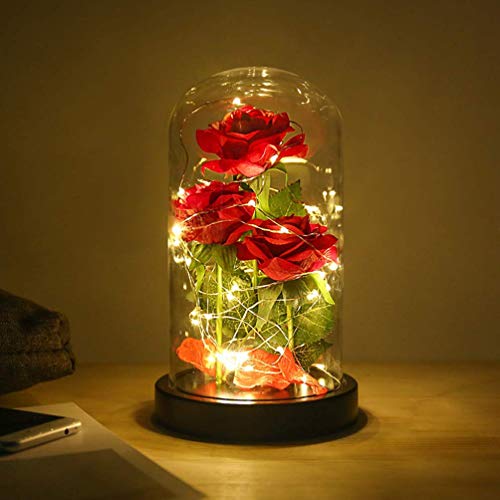 Product Cover Beauty and The Beast Rose flowers, 40 LED Lights in Glass Dome on Wood Base, Warm Light mode, a Fallen leaves, Multi Use for Home/Office or Home Decorations, Mother's Day Gifts for Women