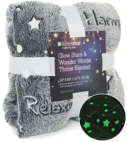 Product Cover LIDERSTAR Glow in The Dark Throw Blanket,Super Soft Fuzzy Fluffy Plush Fleece,Decorated with Stars and Words of Healing, Christmas Birthday Gift for Girls Boys Kids Teens Toddler, Gray,50