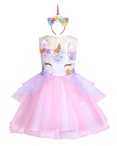 Product Cover KABETY Baby Girl Unicorn Costume Pageant Flower Princess Party Dress with Headband (120cm, Pink)