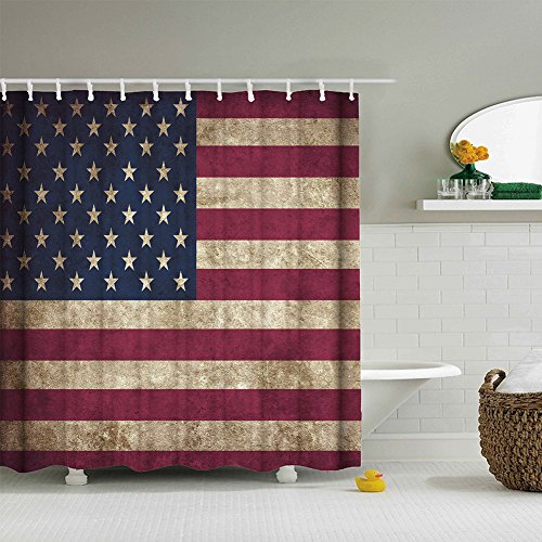 Product Cover American Flag Shower Curtain USA Decor, Fourth of July Independence Day Themed Art Print Flag Painted on Wooden Planks, Polyester Fabric Bathroom Set with Hooks, Red & Blue & White - 72×72 Inches