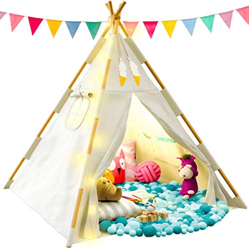 Product Cover TazzToys Kids Teepee Tent for Kids with Fairy Lights - Kids Bedroom Set + Feathers + Waterproof Base