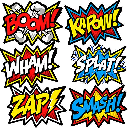 Product Cover Bigtime Signs Large Superhero Word Cutouts - Birthday Party Supplies Wall Decoration Signs - 12 inches x 16 inches - 12 pcs Light Cardboard Super Hero Cut Words, Sayings, Sounds