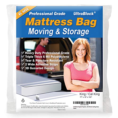 Product Cover UltraBlock Mattress Bag for Moving, Storage or Disposal - King and Cal King Size Heavy Duty Triple Thick 6 Mil Tear and Puncture Resistant Bag with Two Extra Wide Adhesive Strips