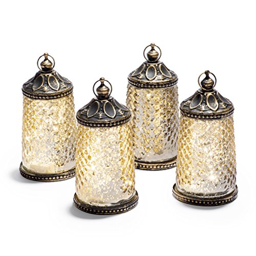 Product Cover Gold Mercury Glass Tabletop Lanterns - Set of 4, Warm White LED Lights, 5.5