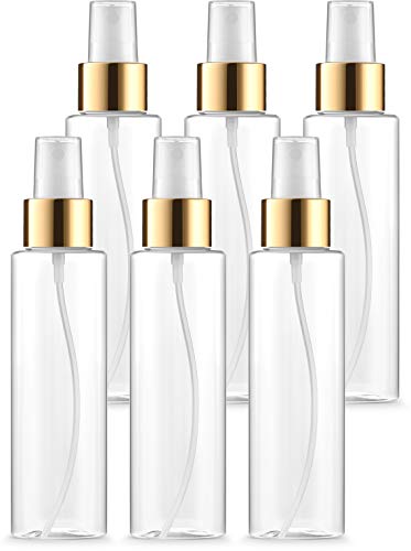 Product Cover 4oz Clear Fine Mist Spray Bottles with Gold Trim Atomizers and Dust Caps, Refillable, Reusable BPA FREE, Perfect for DIY Facial Spray, Aromatherapy, Perfume & Fragrance, Travel & on the Go (Pack of 6)