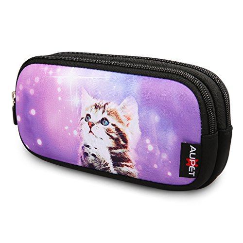Product Cover AUPET Pencil Case, Large Capacity Bag with Two Compartments Durable Zipper Students Stationery Pen for Pens, Pencils, Markers, Eraser and Other School Supplies (Purple Wish Cat)