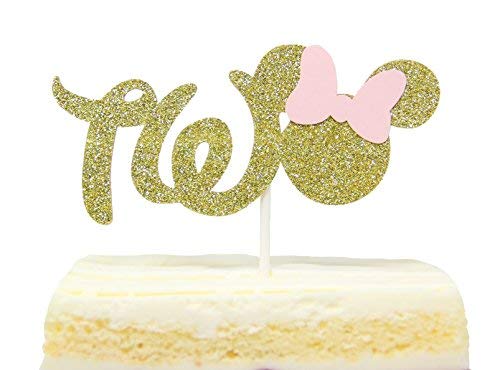 Product Cover Gold And Pink Glitter Minnie Mouse Inspired Cake Topper for Two Years Old Birthday Best Seller