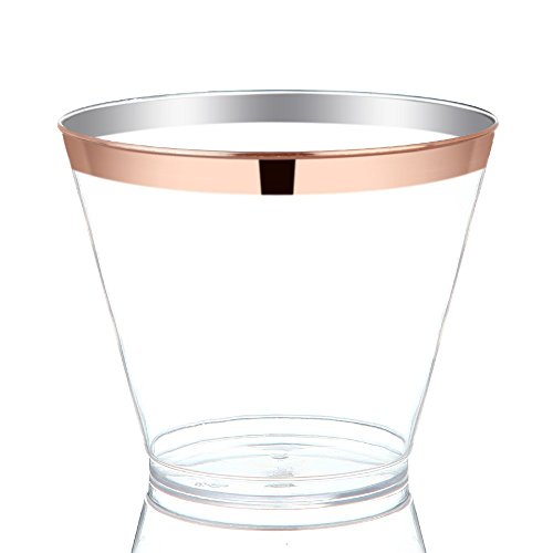 Product Cover 9 Oz Rose Gold Plastic Cups - Clear Plastic Tumblers, Fancy Wedding Cups, Premium Party Cups with Elegant Rim - 50 count
