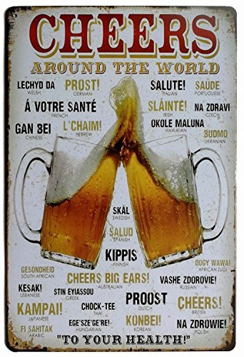 Product Cover ERLOOD Cheers Around The World Drinking Distressed Retro Vintage Tin Sign 8 x 12