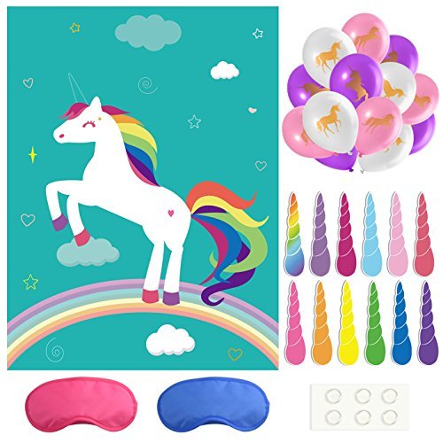Product Cover FEPITO Pin The Horn on The Unicorn Birthday Party Game with 24 Horns for Unicorn Party Supplies, Kids Birthday Party Decorations