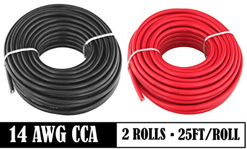 Product Cover GS Power 14 AWG (True American Wire Gauge) CCA Copper Clad Aluminum Primary Wire 25 ft Red & 25 ft Black. For Car Audio Speaker Amplifier Remote Trailer Harness wiring (Also Available in 16 & 18 Ga)