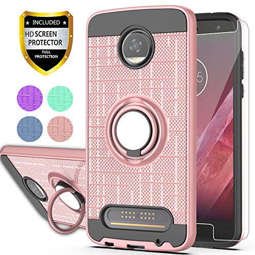 Product Cover Moto Z2 Play Phone Case with HD Screen Protector,Ymhxcy 360 Degree Rotating Ring & Bracket Dual Layer Resistant Back Cover for Motorola Moto Z Play (2nd Gen.)-ZH Rose Gold