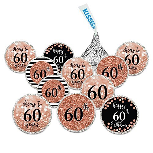 Product Cover Andaz Press Glitzy Faux Rose Gold Glitter Milestone Chocolate Drop Labels, Cheers to 60 Years, 60th Birthday or Anniversary, 240-Pack, Not Real Glitter, Hershey's Kisses Party Colored Decorations