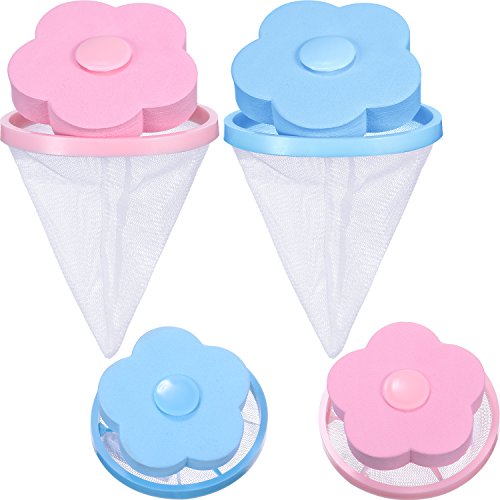Product Cover 4 Pieces Lint Catcher for Washing Machine Lint Trap Floating Hair Fur Catcher Laundry Reusable Hair Filter Lint Mesh Bag (Blue, Pink)