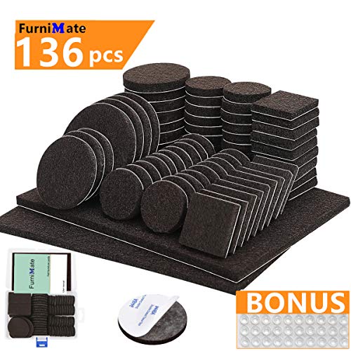 Product Cover Furniture Pads 136 Pieces Pack Self Adhesive Felt Pads Brown Felt Furniture Pads Anti Scratch Floor Protectors for Chair Legs Feet with Case and 30 Rubber Bumpers for Hardwood Tile Wood Floor