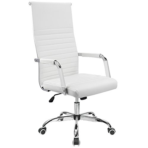 Product Cover Furmax Ribbed Office Chair High Back PU Leather Executive Conference Chair Adjustable Swivel Chair with Arms (White)