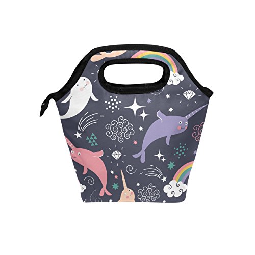 Product Cover Lunch Tote Bag Seamless Narwhal Pattern Handbag Lunchbox Food Container Gourmet Tote Cooler Warm Pouch For School Work Office Travel Outdoor By Saobao
