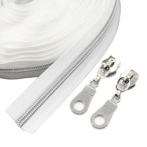 Product Cover YaHoGa #5 Silver Metallic Nylon Coil Zippers by The Yard Bulk White 10 Yards with 25pcs Sliders for DIY Sewing Tailor Craft Bag (Silver White)