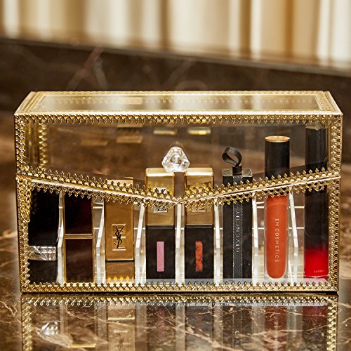 Product Cover PuTwo Lipstick Organizer 24 Slots Handmade Glass and Brass Lipstick Holder with Lid Lip Dustproof Gloss Organizer Vintage Transparent Lip Gloss Display Decoration for Dresser Countertop